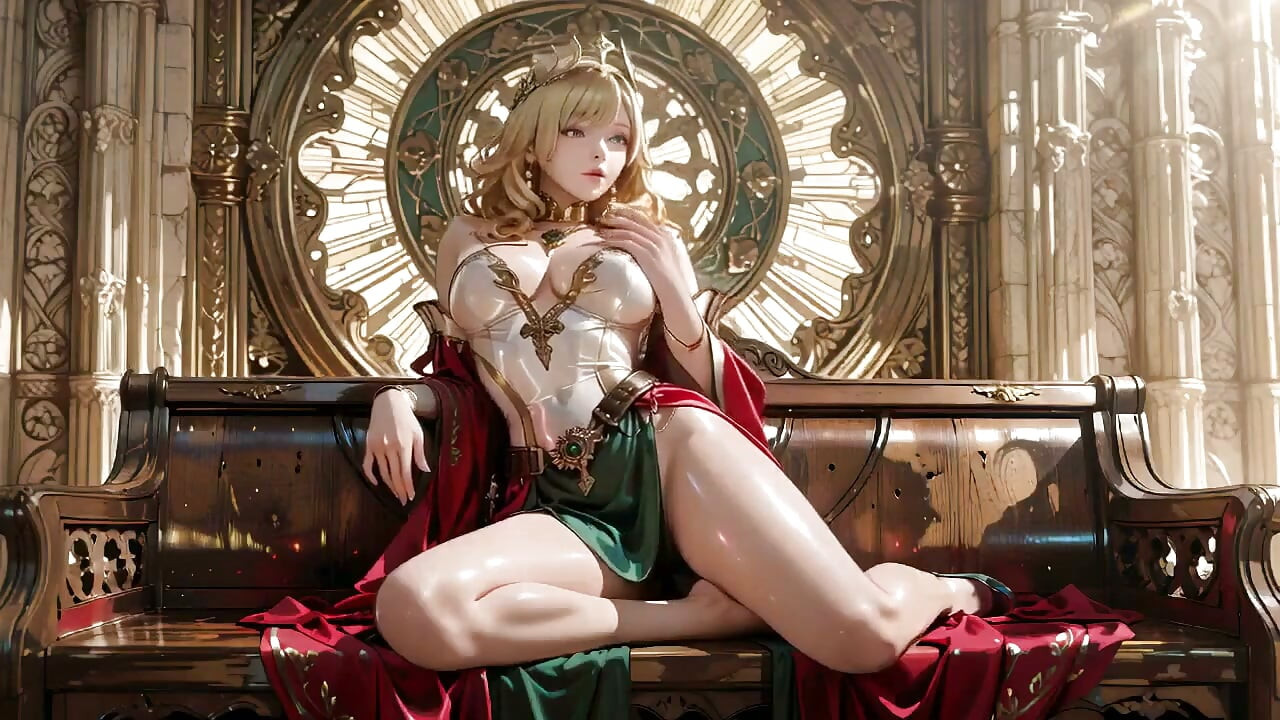Blond Angel Queen! Święte klękanie w Wielkiej Katedrze, zielona szata ledwo ukrywa swoje miękkie krzywe