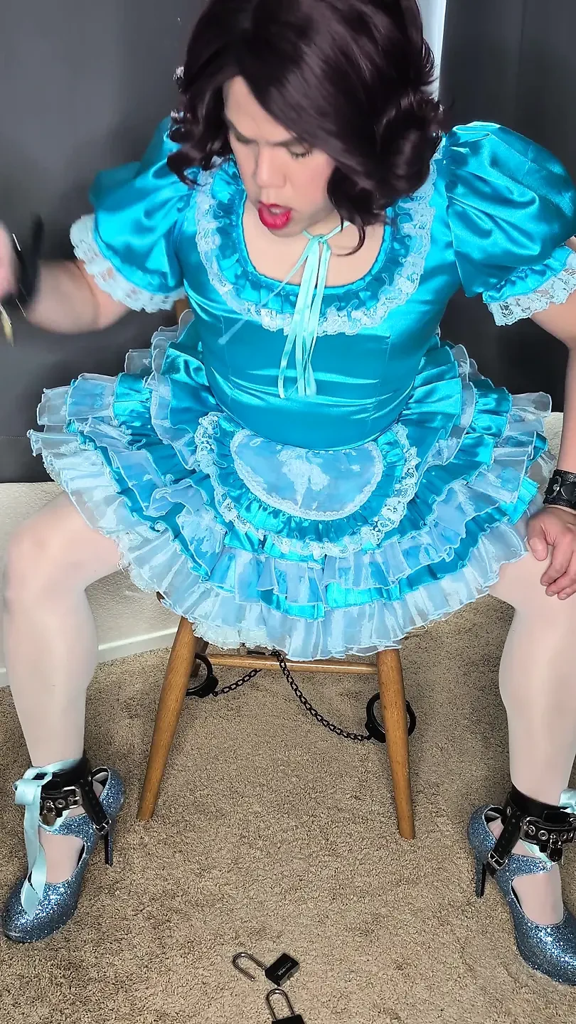 Satin Sissy Maid Riding Her Sex Doll in Chastity and Cuffs