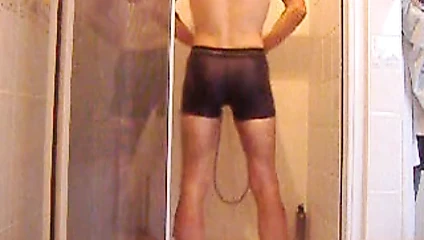 me in shower with spandex undie, part 2