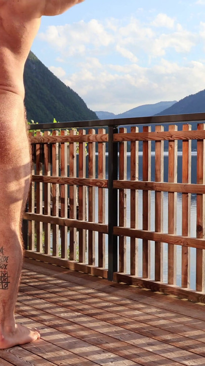 Hairy Bodybuilder Stripping and Jerking off on Alpine Terrace