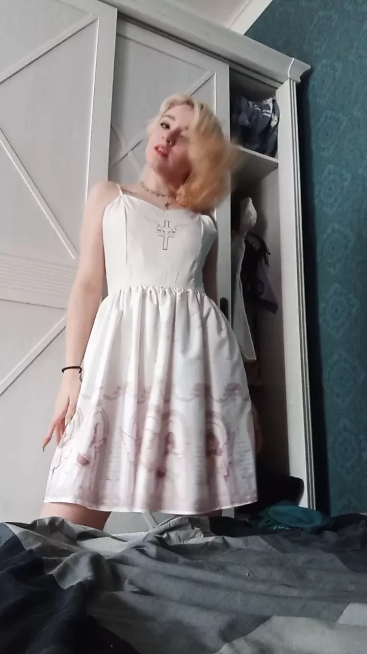 Gentle homemade masturbation in a white dress and a passionate stormy orgasm