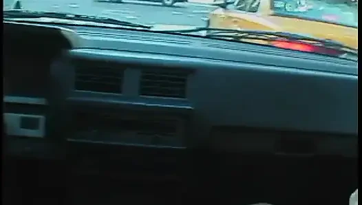 Commuter redhead carpools with creep who debases her in car in city traffic