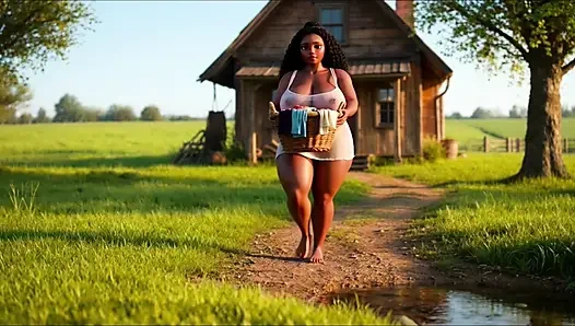 Чувственный натуральный интимный распорядок дня великолепной фигуристой черной крестьянки, мирная деревенская жизнь