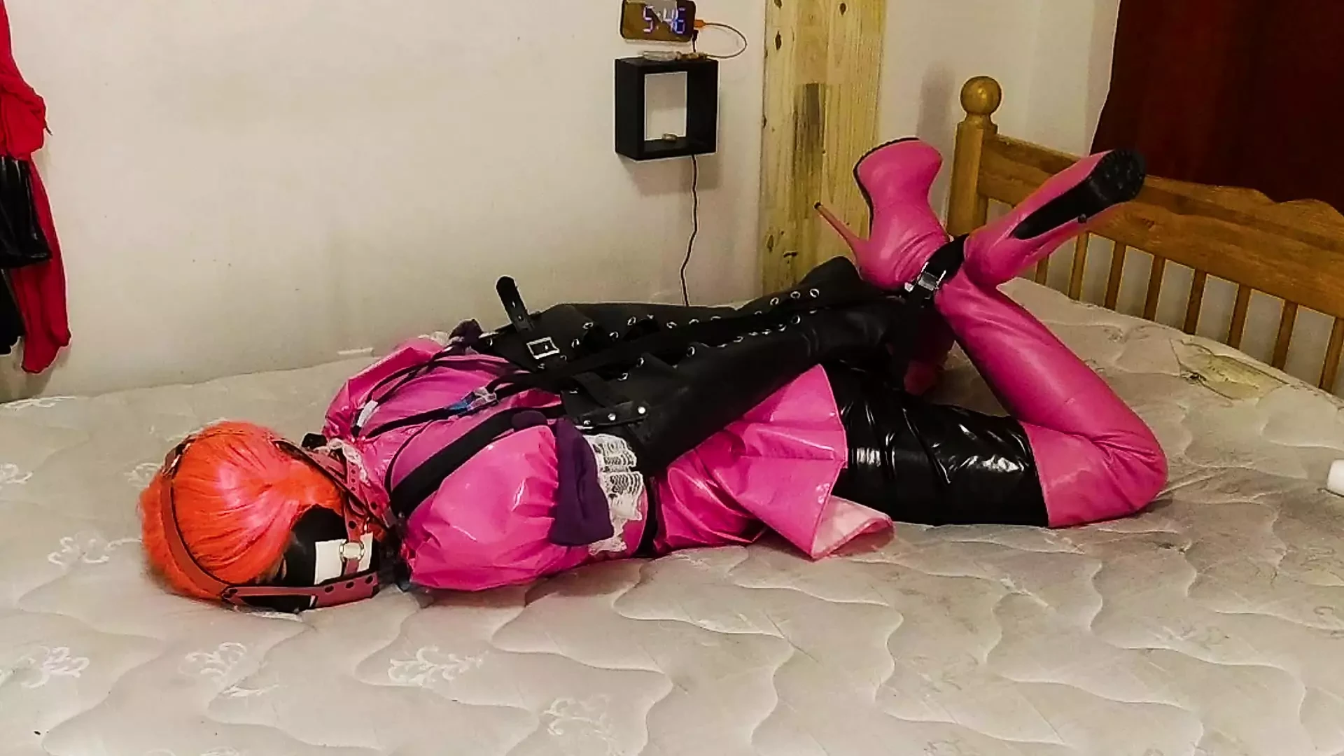 Sissy Maid Strict Hogtie in Steel Chastity and Armbinder