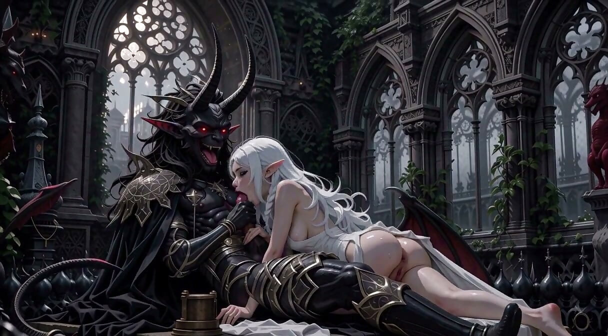 3d anime elfa de cabello blanco, follando todo el castillo de demonios
