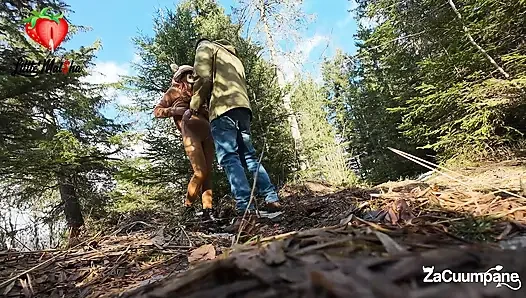 A red fox in the mountains. On the trail, the redhead female dog got some hot stuff straight from a thick cock.