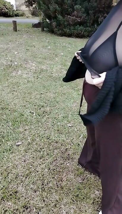 My stepmother walking in a transparent T-shirt.