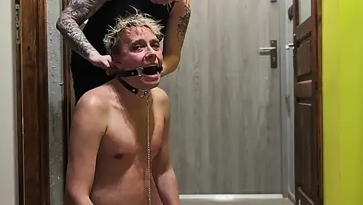 Femdom. Sex Slave of a Dominatrix. Handcuffed, His Dick Tied up, Toothpaste Smeared on It, and Covered in Urine.