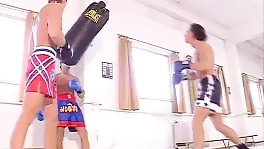 Three showering jocks gang up on their horny buddy