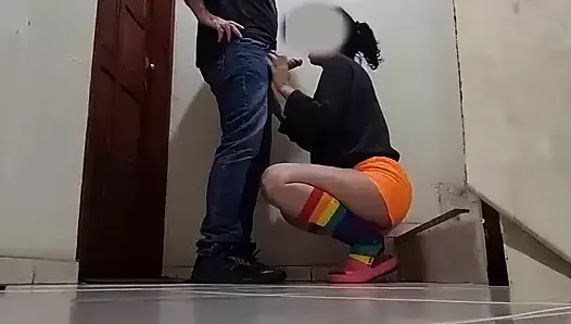 Friend From the Building Loses Bet and Gives Blowjob on Stairs