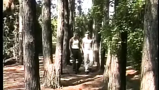 Hung gay stud turns around to get his asshole rimmed in the forest