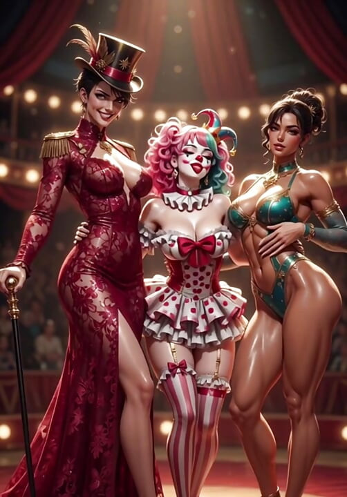 Anime circus strip ring leader clown and acrobat sexy circus show