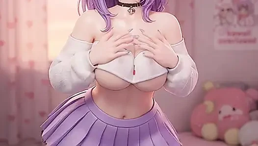 Thicc mor saçlı anime kız jartiyer kemeriyle büyük götünü sallıyor