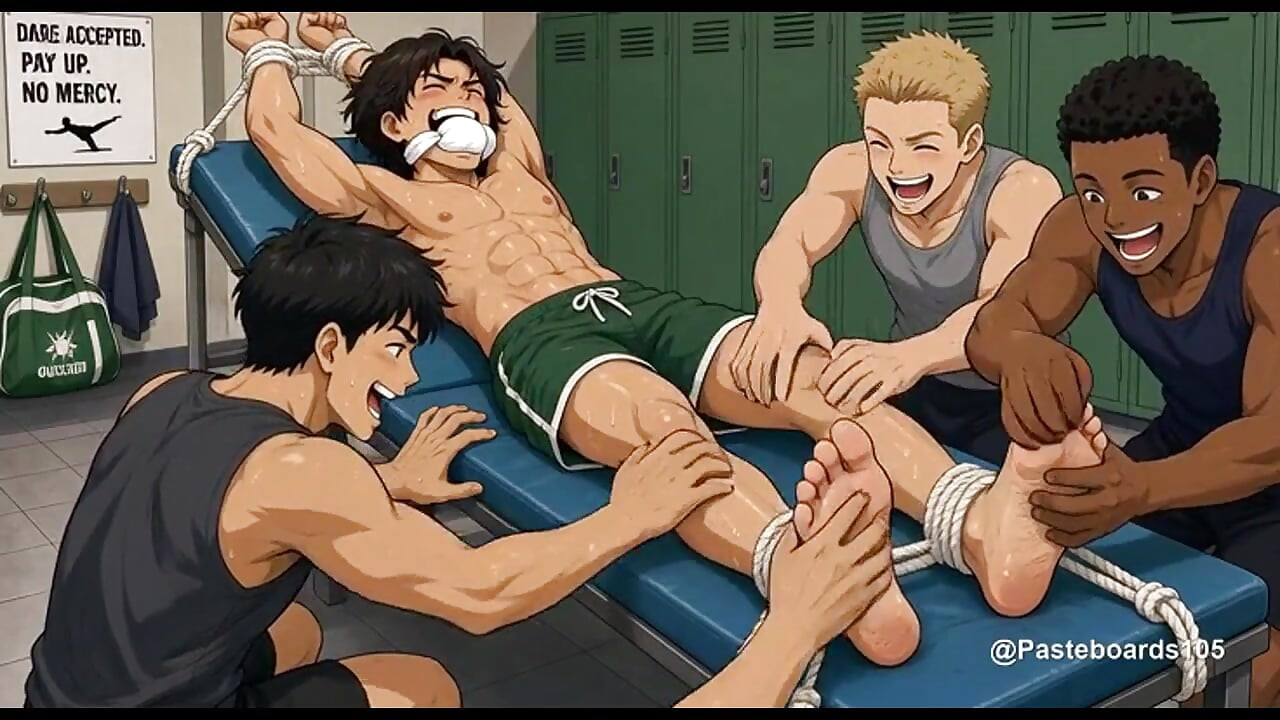 Sock Gagged On The Bench - Bare Hands And Fingers All Over His Roped-Down Soles (2D Anime Bara)