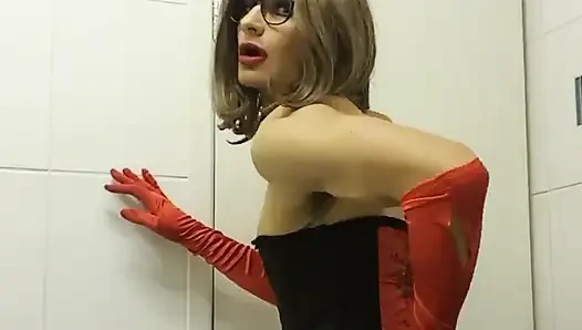 Kinky Brunette showing off her pussy  xxx Black Red Corset, stockings, 6 strap suspenders, lace underwear, red opera satin glove