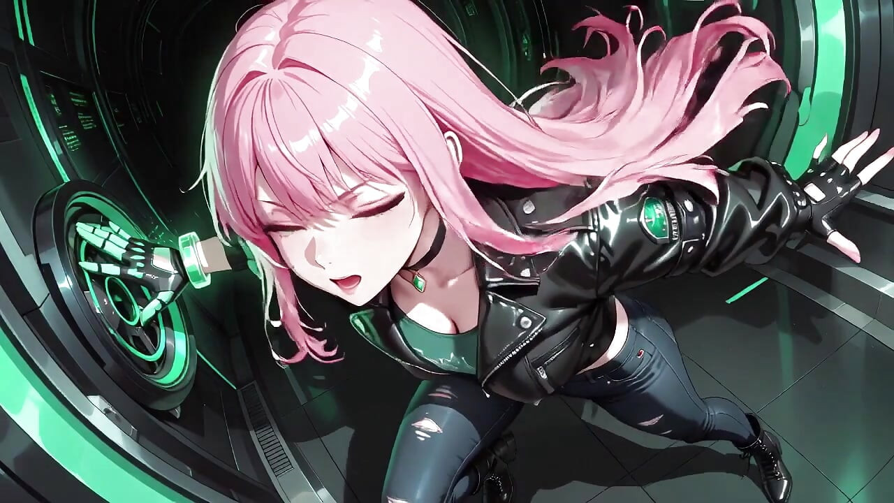 Pink-Haired Leather Tech! Private vibes in a neon-lit cyber corridor.