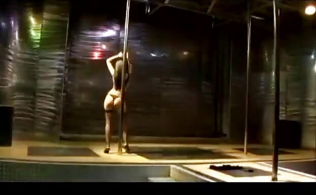 Latina strip teases on pole and takes dick