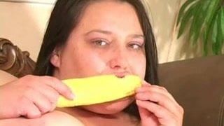 BBW masturbates with a corn