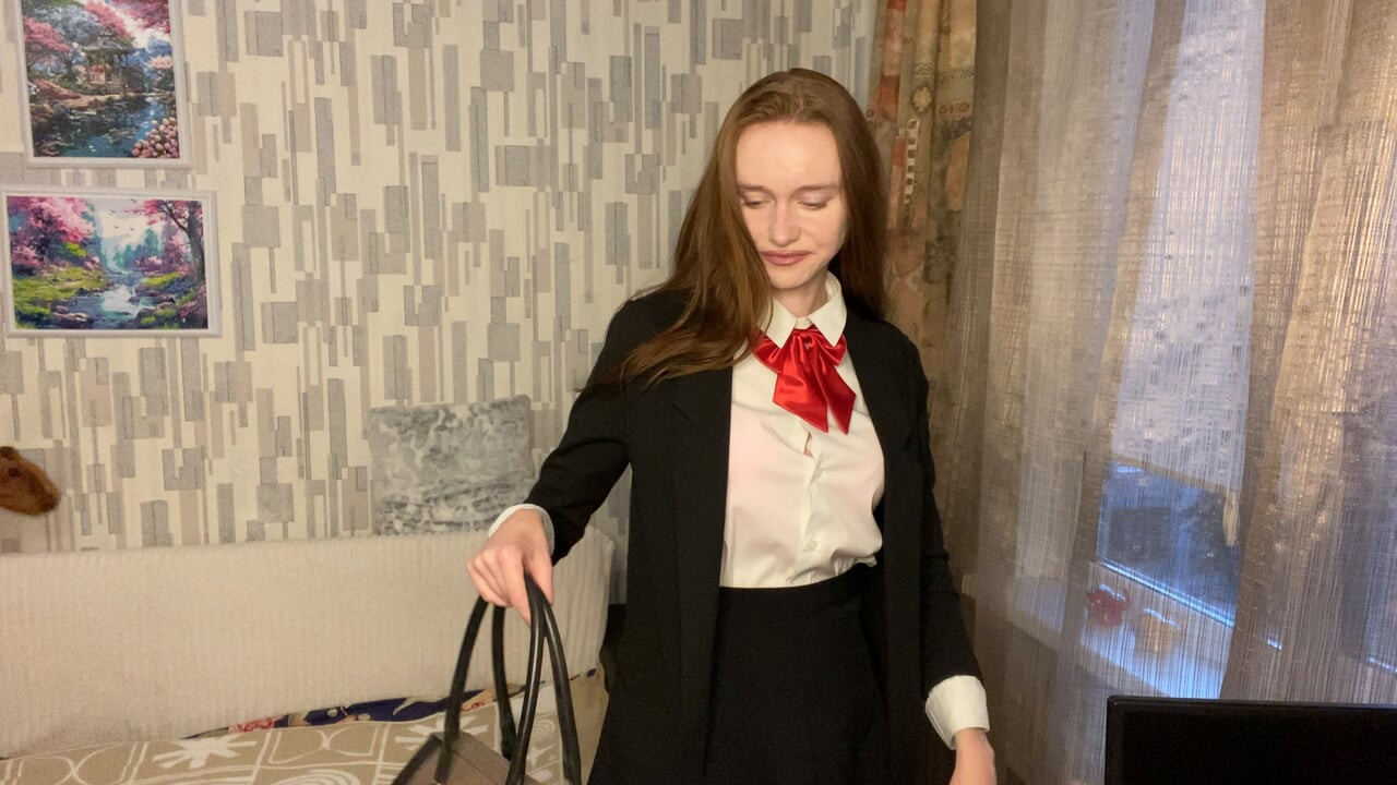 School girl can't concentrate and pushes her kitty to be pleased