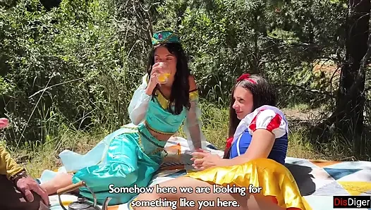 Cute Princesses Jasmine and Snow White Get Fucked by Rough Guys in a Fairy-tale Forest