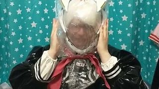 PVC 2B sissy cosplay Breathplay in Eva Helmet Bagging