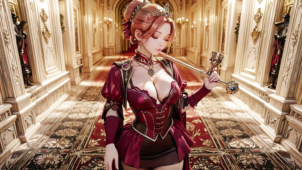 Red Queen on the Golden Throne! Deep velvet gown, lazy chin rest, and a gaze that locks onto you.