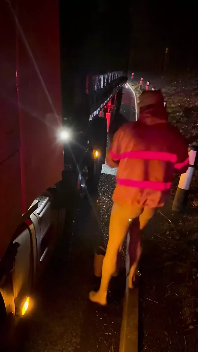 Horny trucker striptease in layby