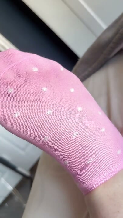 Showing off and Jerking Off into my new pink polka dot socks