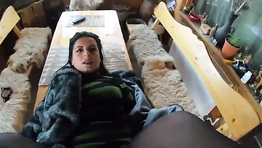 Elegant Fur-coated Slut Fucked on a Wooden Table and Covered in Cum Twice