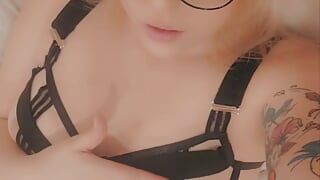 Horny nerdy blonde in glasses plays with pussy with favorite vibrator