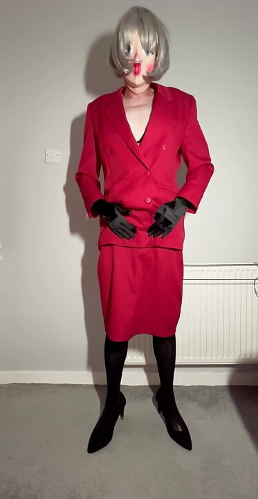 Sissy crossdressing in a skirt suit