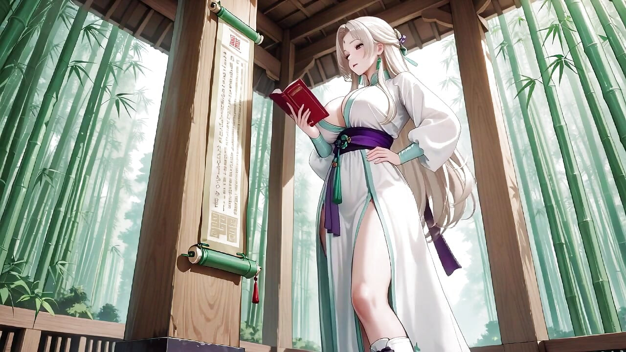 Empregada branca de quimono! Ajoelhando-se no corredor japonês, enorme fenda revelando coxas molhadas sob o sol.