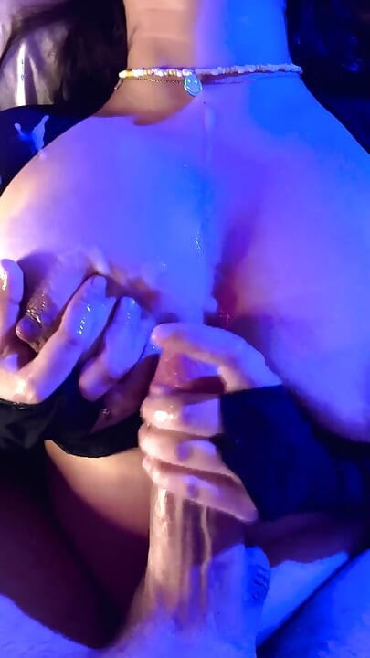 He sucks my cock until I cum on his tits