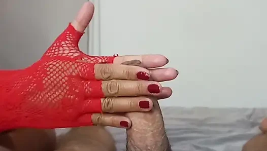 Hot Asian masseuse give sensual Handjob with Red Lace Fingerless Gloves & Red Nails  - Edging Stroking and Glans Massage POV