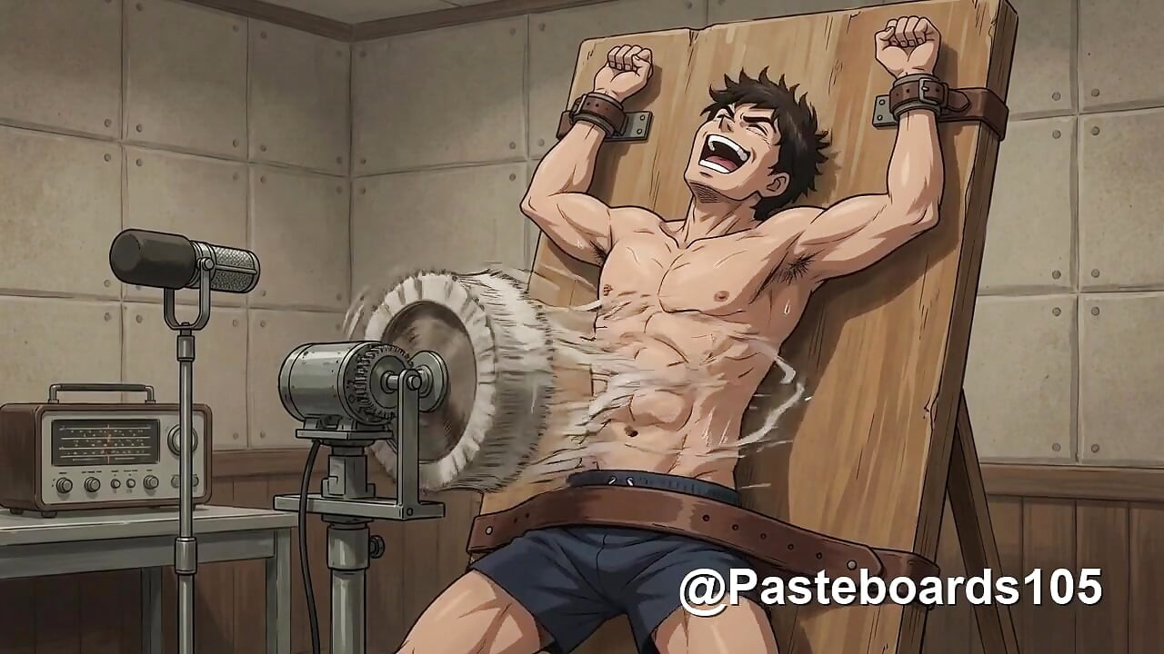Kädet pään yläpuolella, vatsalihakset paljastettuina – sidotut anime-lihasjätkät kutitettuina kylkiin ja vatsaan (2D-anime)