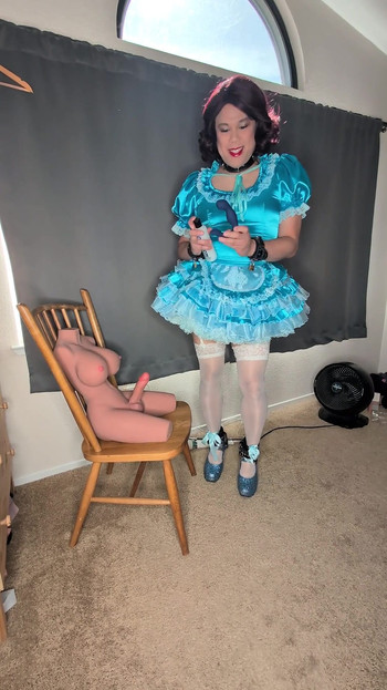 Satin Sissy Maid Plugs Herself and Sucks Her Doll