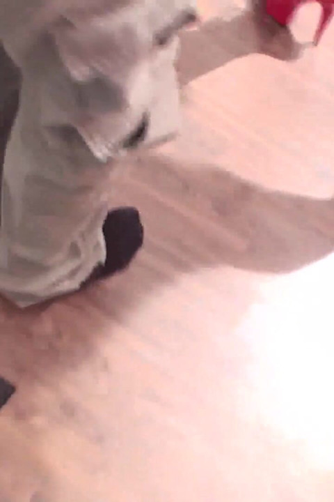 Giant tattooed redhead walks her slave around the room while smoking