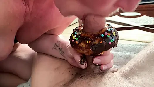 Eating Black chocolate Cock cum covered donut & sprinkles