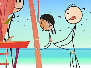 कार्टून गर्म छड़ी लड़की कमबख्त के साथ एक छोटे से डिक - सेक्सी छड़ी आदमी पर नग्न समुद्र तट