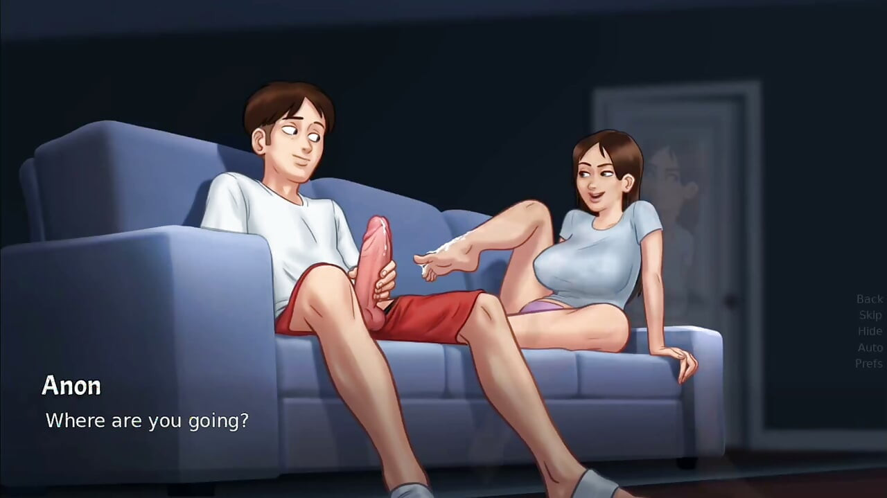 Debbie gives Anon's huge monster cock a surprise footjob - summertime saga gameplay