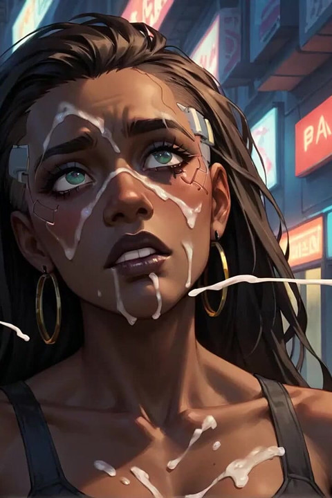 Cybernetic Ebony Queen's Milk Gushing Orgasm in Neon City! Warm Dark-hued Hardcore Porn!