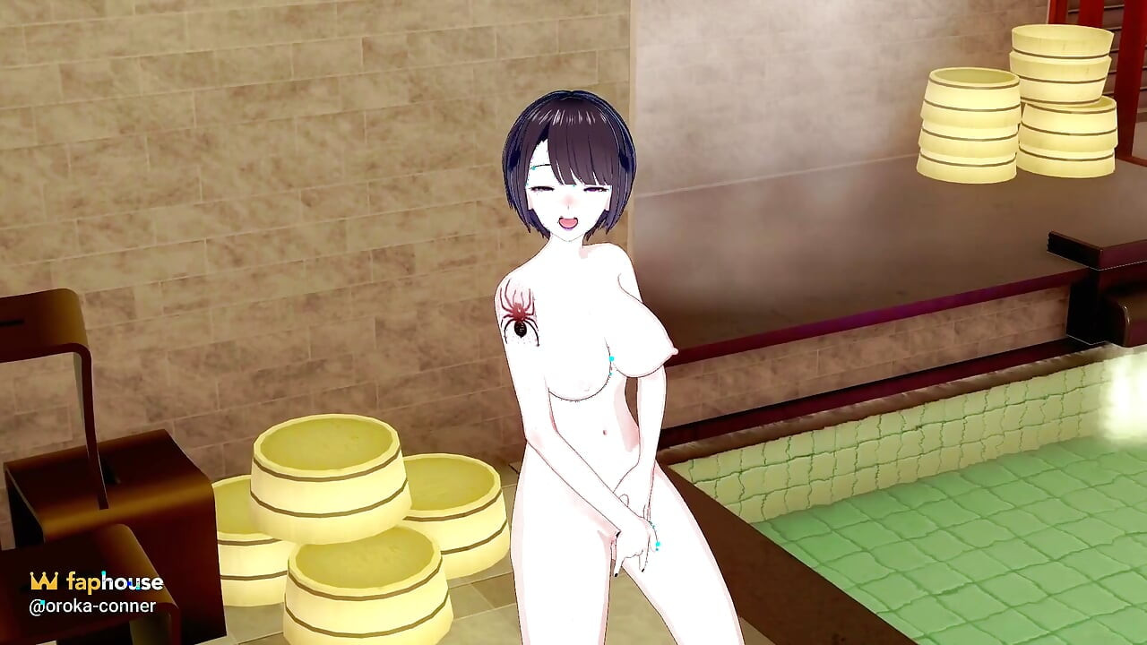 Gata de cabelo curto tira a roupa e se masturba em um banho fumegante - 3D Hentai Solo