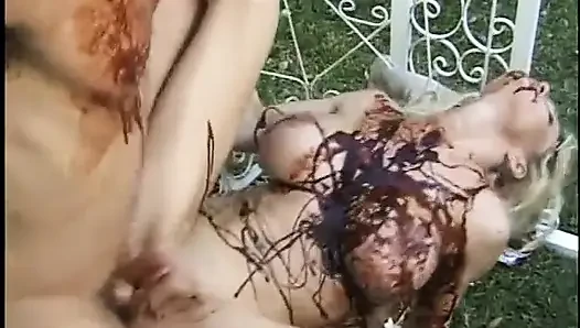 Kinky dude and blonde MILF fuck while being covered in chocolate syrup