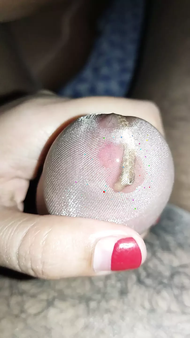 Shiny pantyhose cock massage and tease