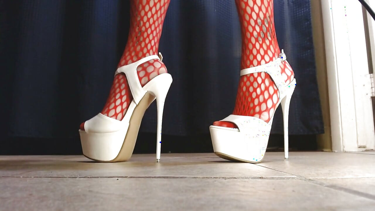 Sexy Spiked White High Heels Red Fishnet Stockings