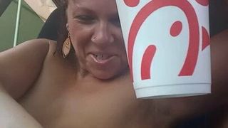 Baby poppers in drive-thru with Daddy