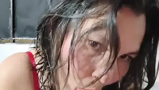 A mature woman Milf is home alone and rubs her pussy with her dildo.