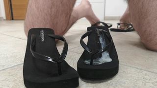 Cum handsfree on Emporio Armani wedge flip flops