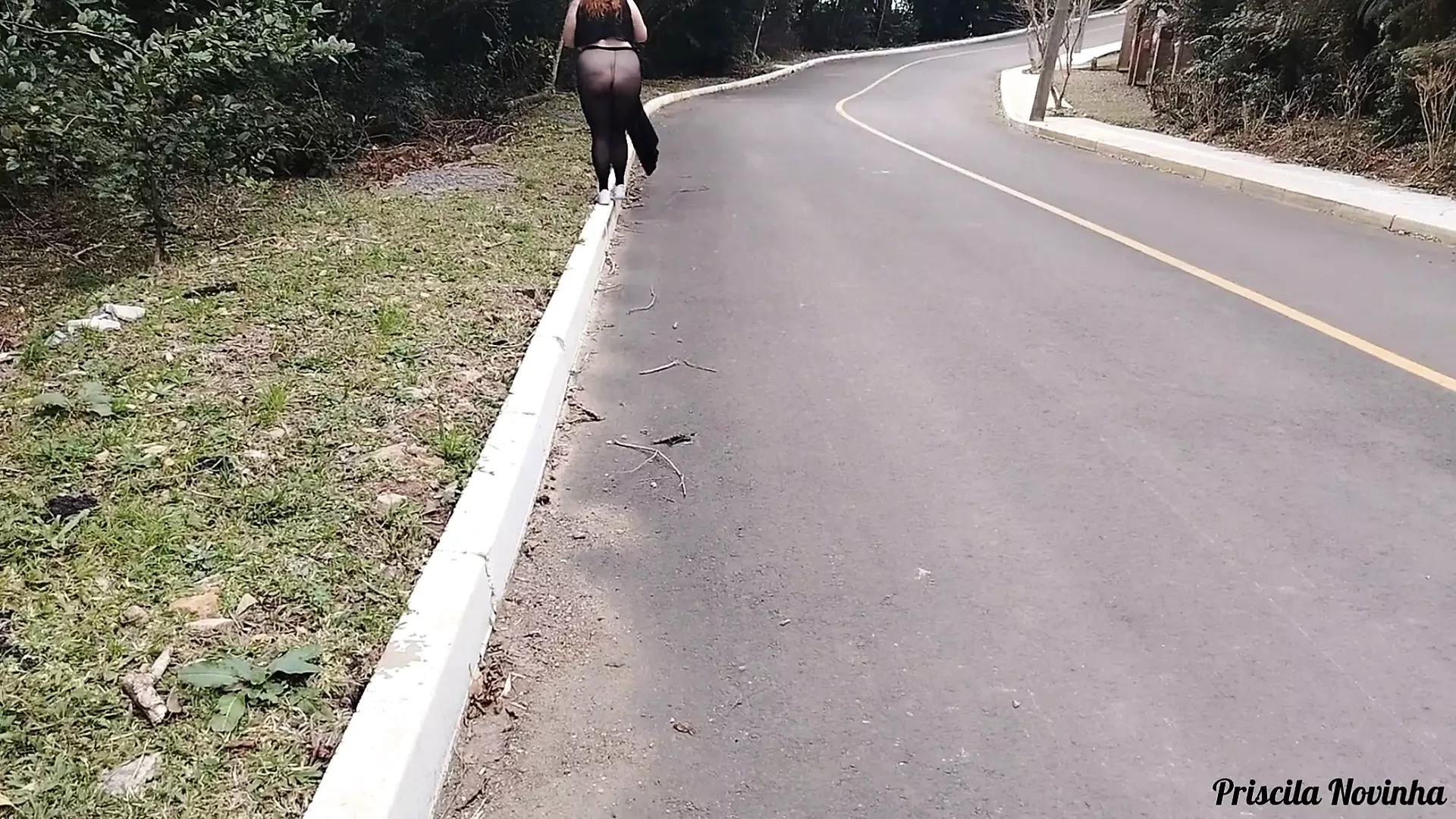 My stepmother in transparent pants without panties showing off on the street.