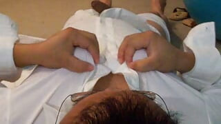 Dirty sissy crossdress slut man whore squirming crazy masturbation orgasm while wearing girlfriend's bra shirt and sweater